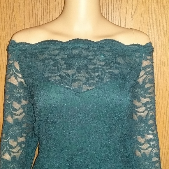 Sparkly Green off the Shoulder Dress Size 16 - Picture 2 of 6